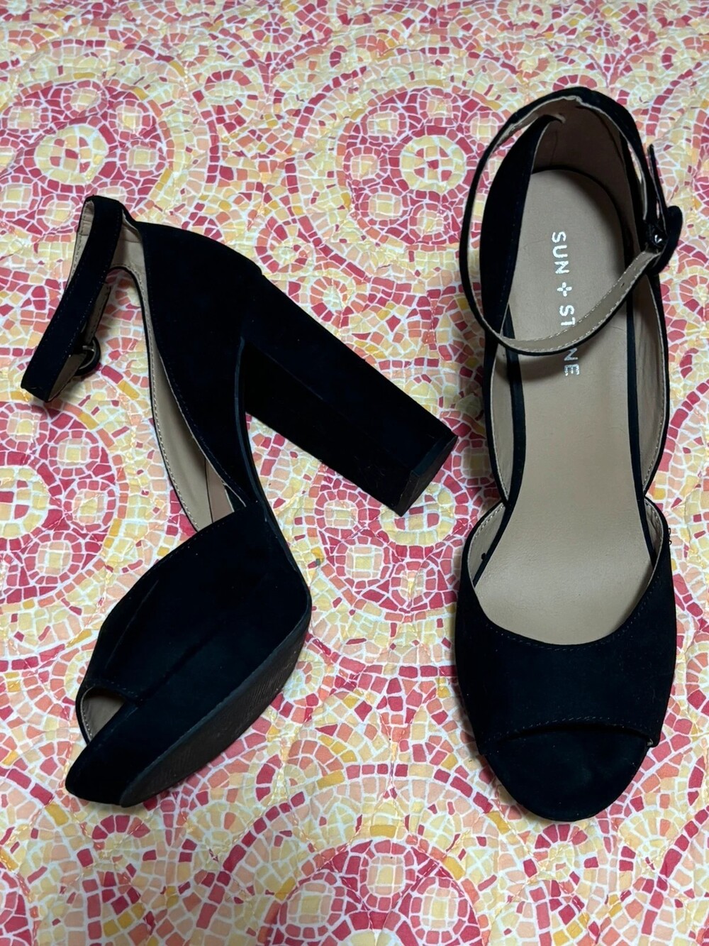 Sun + Stone “Reeta” Black Microsuede Platform Block Heels - Size 10M